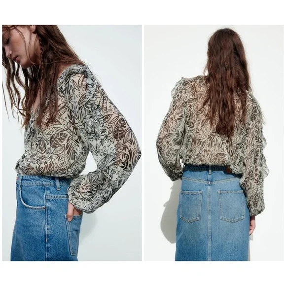 Zara Printed Ruffle Blouse - Picture 4 of 10